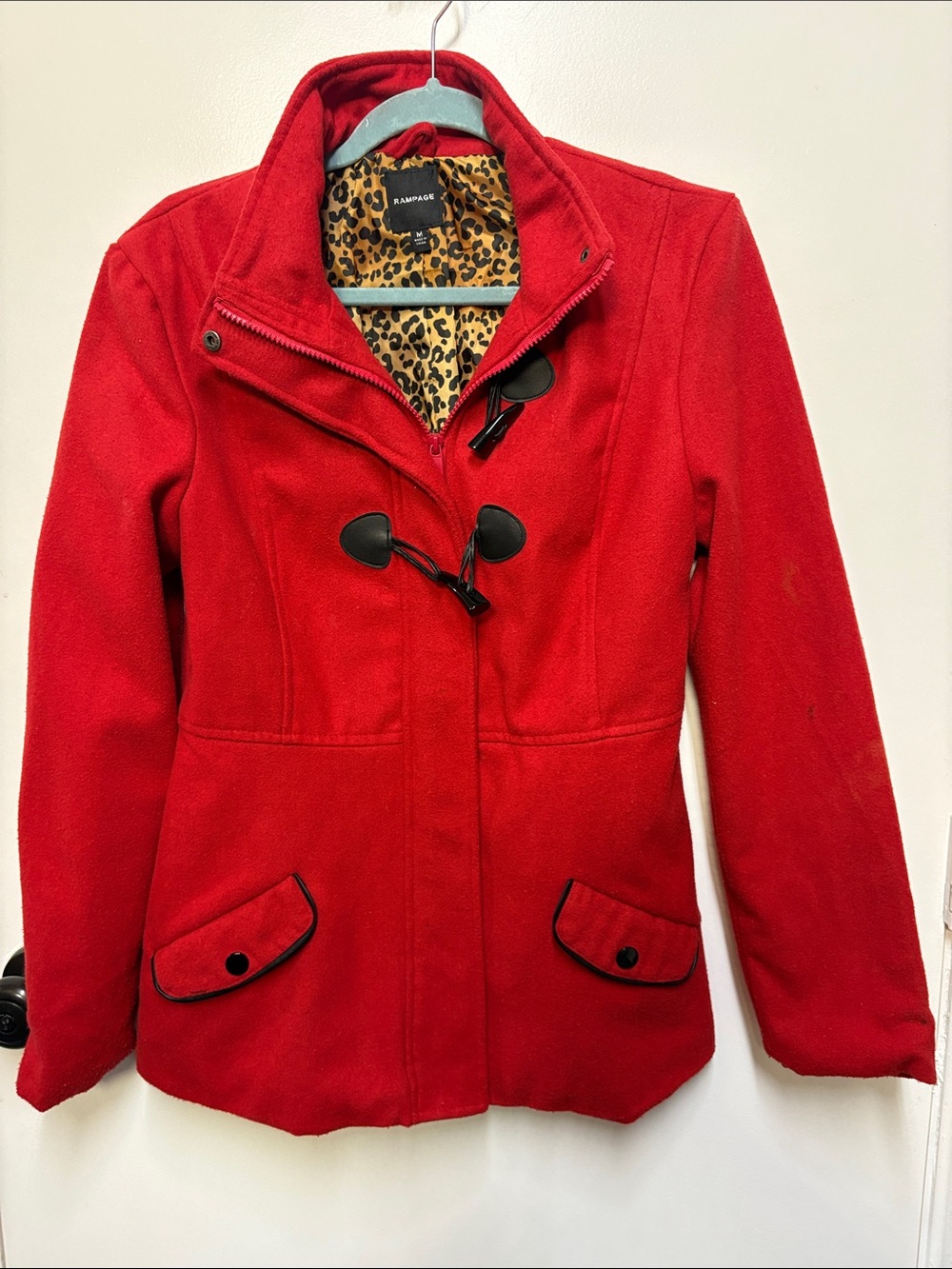 Rampage Red Toggle Pea Coat with Leopard Lining